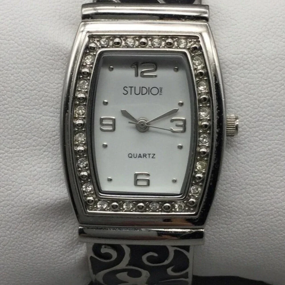 Studio Time Watch Womens 26mm Silver Tone Black Crystals Hinged Cuff New Battery